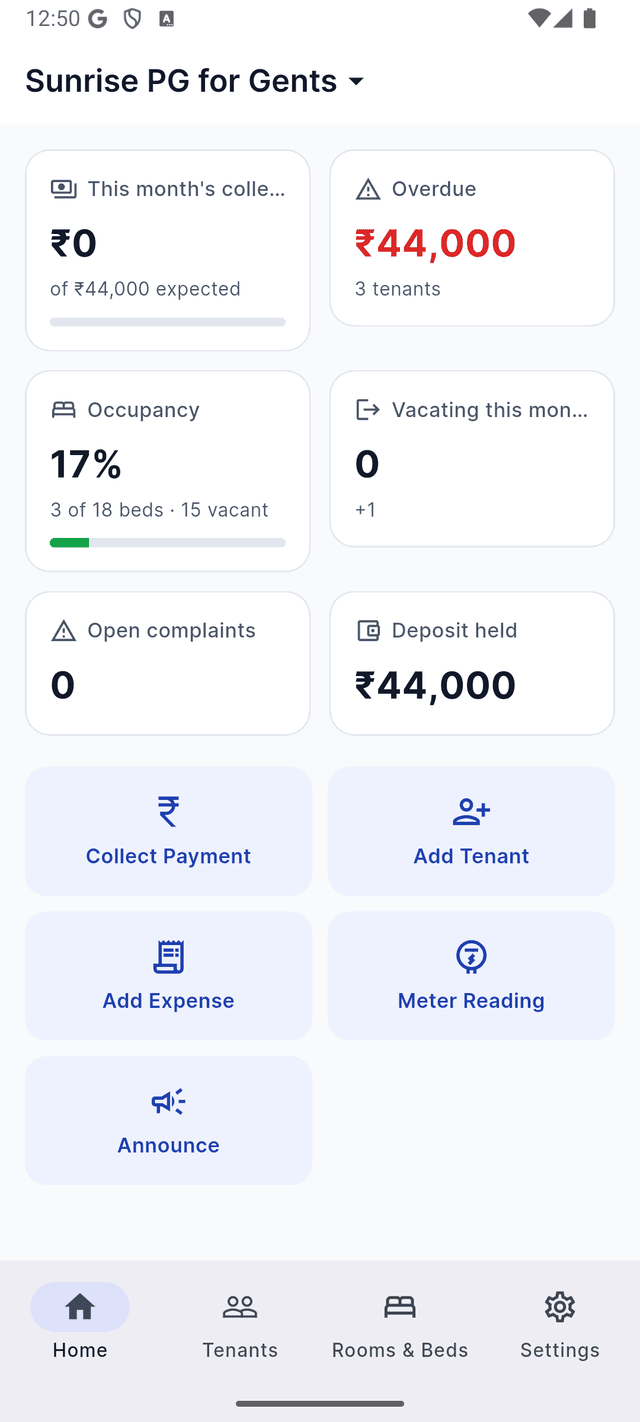 Owner dashboard showing collection, dues and occupancy