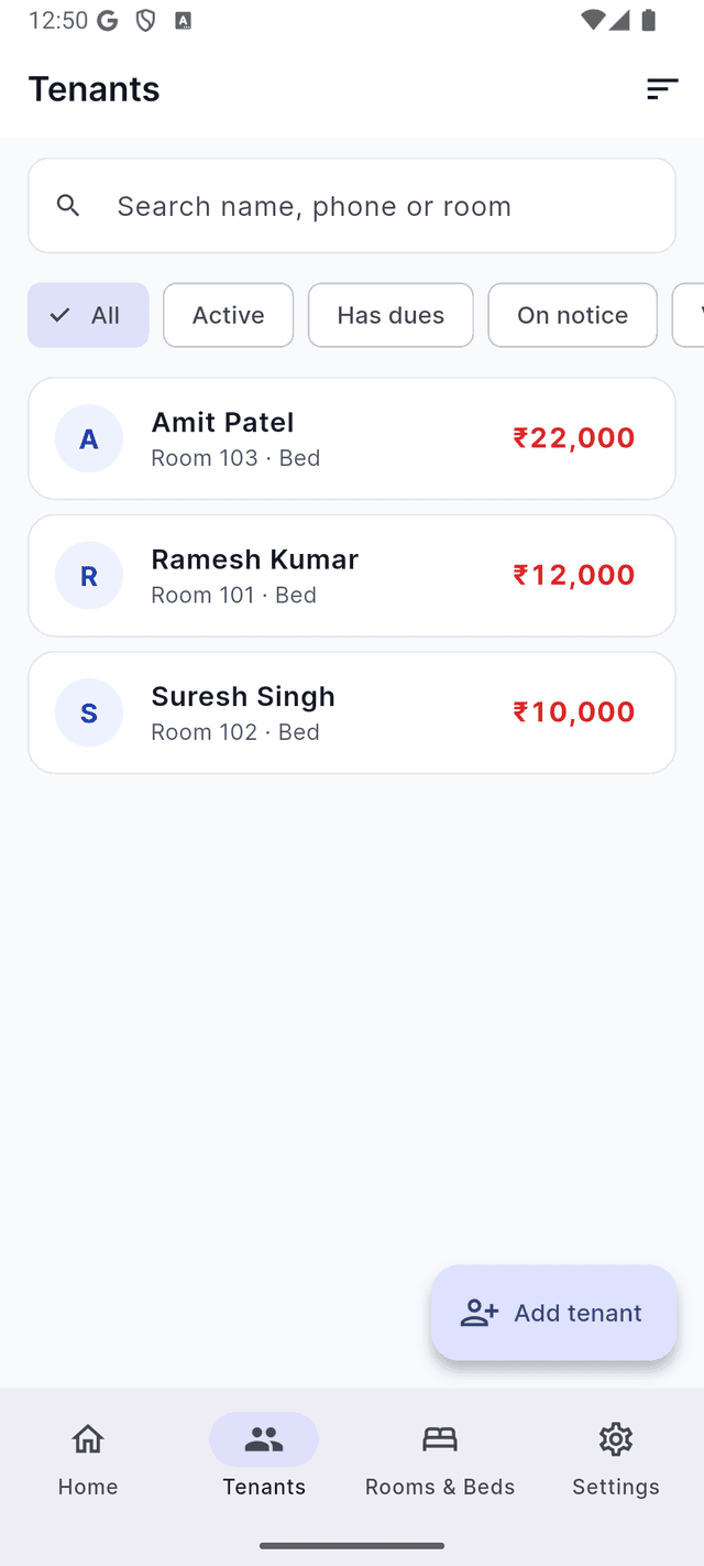 Tenant list with dues